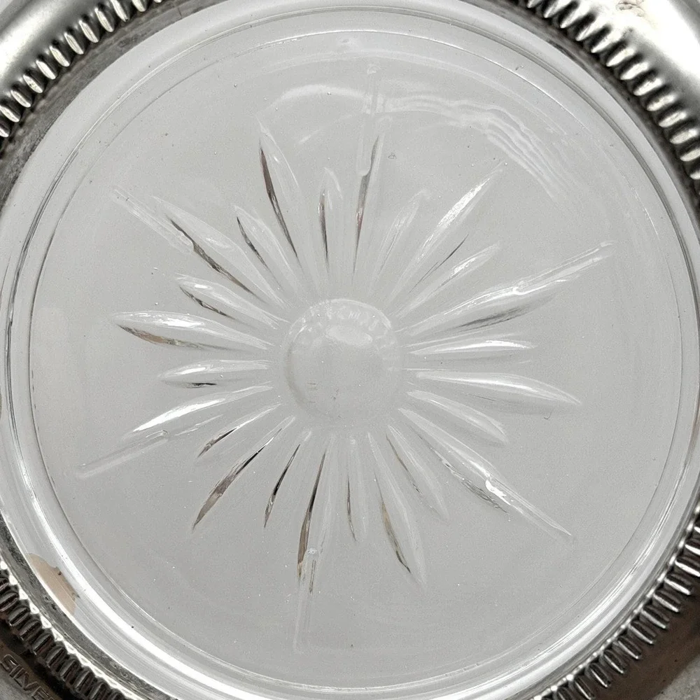Vintage Leonard Italy Silverplate Glass Starburst Coasters Set of 4 Gadroon Rim